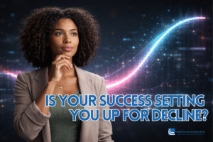 A horizontal digital image of a thoughtful woman of color standing against a dark, futuristic background. She looks slightly upward with her hand resting on her chin, appearing reflective. Behind her, a glowing neon sigmoid curve arcs upward across a tech-inspired grid with scattered light particles. Large bold text reads, “IS YOUR SUCCESS SETTING YOU UP FOR DECLINE?” with a consulting firm logo in the lower corner.