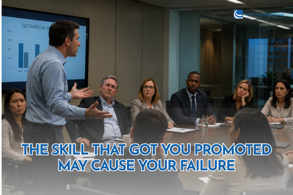 A business executive stands at the head of a conference room, presenting to a group of colleagues seated around a large meeting table. A financial report with bar charts is displayed on a screen behind him as the attendees watch with serious, attentive expressions. The image features the headline, "The Skill That Got You Promoted May Cause Your Failure," with the Randel Consulting Associates logo in the top-right corner, emphasizing the transition from individual contributor to effective leadership.