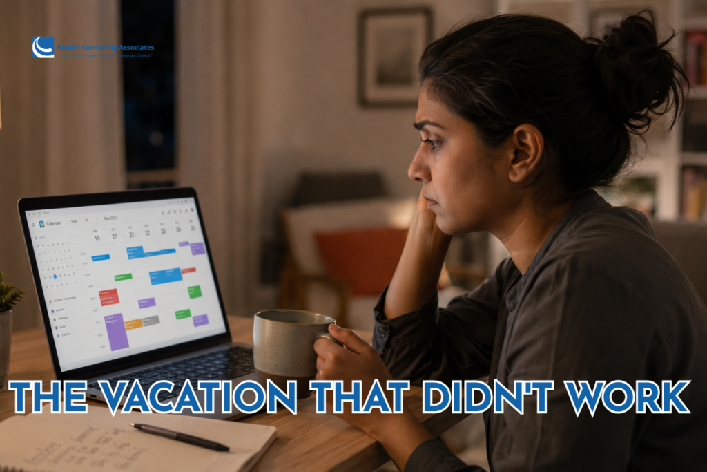 Professional Indian woman at home on a Sunday evening, holding a coffee and looking concerned as she reviews a busy workweek on her laptop calendar.