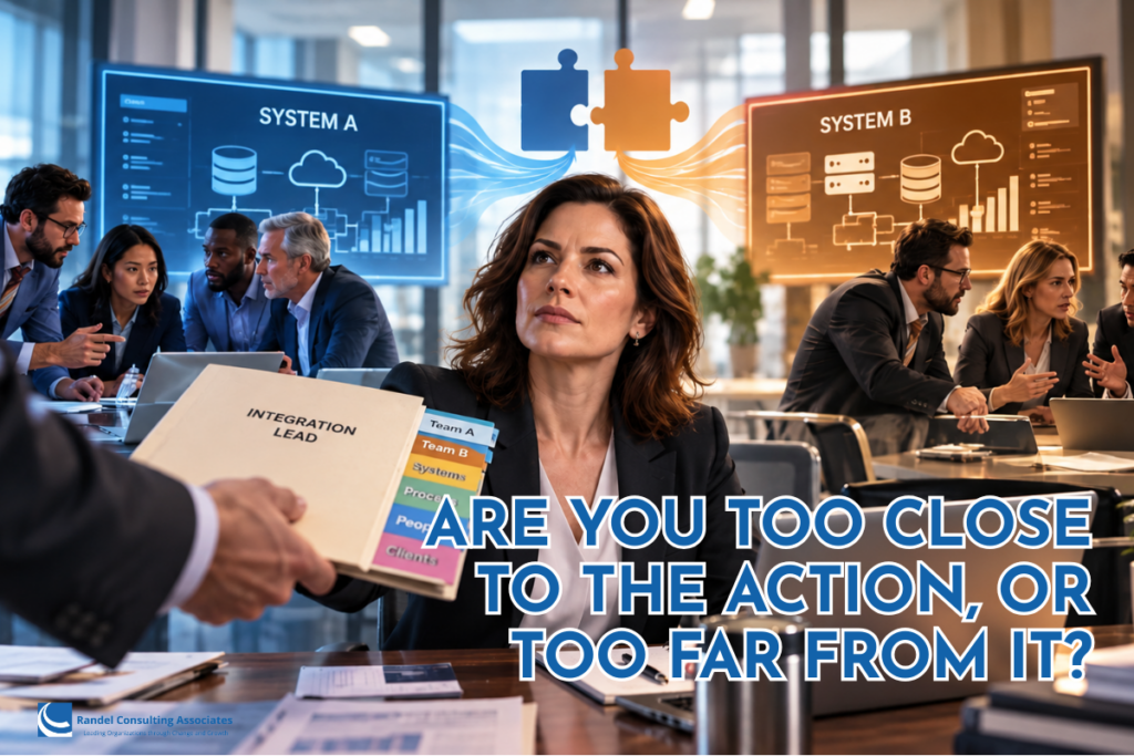 A determined female executive receives an “Integration Lead” folder following a merger, with two distinct teams working behind her under blue “System A” and orange “System B” displays. Interlocking puzzle pieces symbolize the challenge of unifying two organizations, their people, processes, and systems. Bold text reads, “Are You Too Close to the Action, or Too Far From It?” with the Randel Consulting Associates logo in the bottom-left corner.